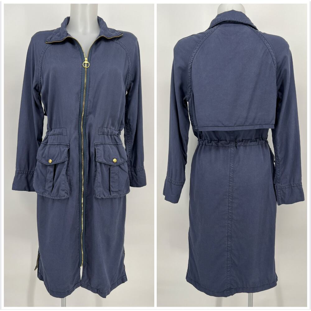 True Religion Biker Trench Coat Womens Small Navy Blue Chambray Zip Duster Midi
